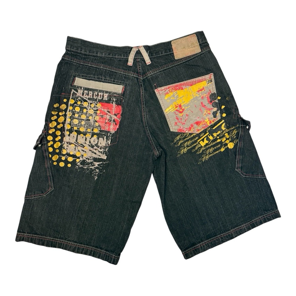 Mecca Denim Shorts Jorts Mens 40 Y2K Hip Hop Baggy Streetwear Dark Wash Grafitti